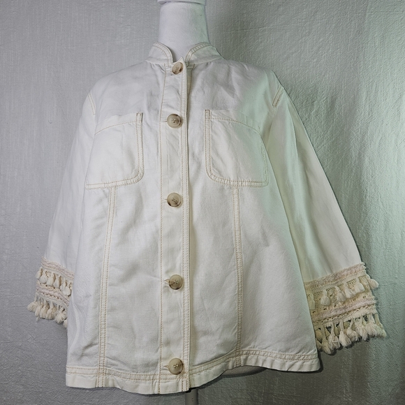 Chicos Cream Button-Up Jacket with Fringe Sz 2 Boho Hippie Utility Spring - Picture 1 of 13